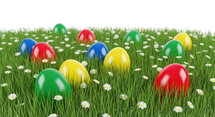Fototapeta premium Colorful easter eggs scattered on a lush green field of grass