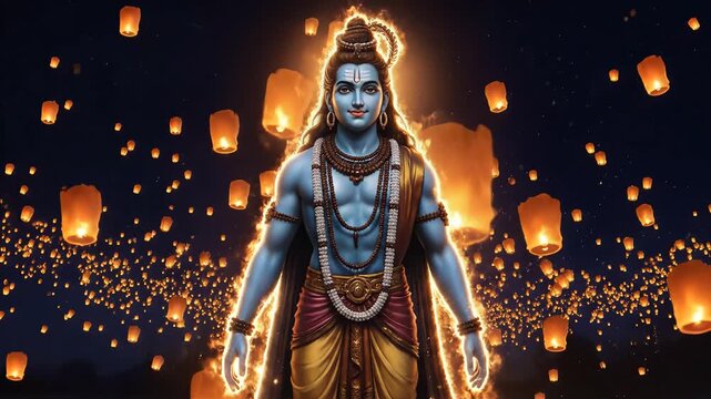Lord Rama Divine Illustration with Floating Lanterns for Ram Navami