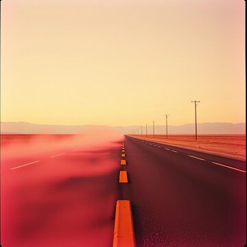 Dusty ribbon of asphalt under a bleached sky, endless journey,  low angle,  faded film grain