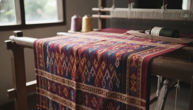 Intricately Woven Ulos Fabric on a Loom Showcasing Traditional Patterns and Craftsmanship
