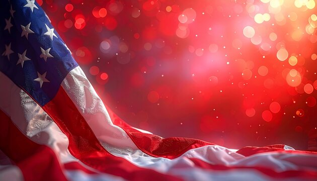 Amerikanische Flagge weht im Wind vor einem roten Bokeh-Hintergrund mit Lichtern, Patriotismus und Feier