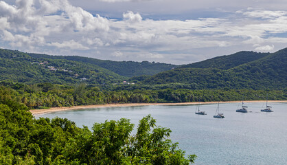 Panoramic view of Plage de Grande Anse - beach at west coast of Caribbean island Guadeloupe from view point De Vue De Gadet
