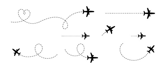 Airplane route with dotted flight path. Flying plane symbol with twisted, curved, straight and heart shape dashed trace path. Transparent png and vector illustration.