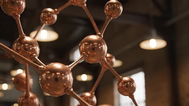 Atom Structure Sculpture: A close-up shot of an intricate atom structure sculpture, a representation of the fundamental building block of all matter.
