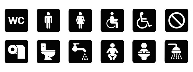 Toilet icon set. WC and Public bathroom symbol. Washroom sign. Vector illustration.
