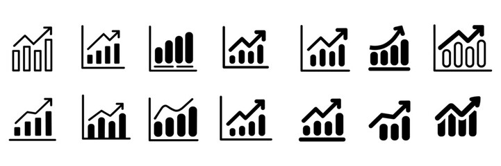 Growth icon set. Containing arrow up, growing graph, business chart icons. Vector illustration.