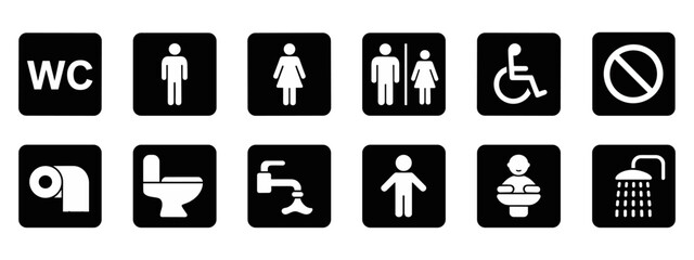 Toilet icon set. WC and Public bathroom symbol. Washroom sign. Vector illustration.