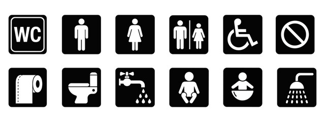 Toilet icon set. WC and Public bathroom symbol. Washroom sign. Vector illustration.