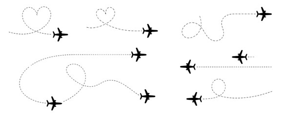 Airplane route with dotted flight path. Flying plane symbol with twisted, curved, straight and heart shape dashed trace path. Transparent png and vector illustration.