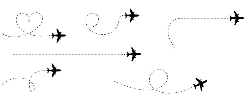 Airplane route with dotted flight path. Flying plane symbol with twisted, curved, straight and heart shape dashed trace path. Transparent png and vector illustration.