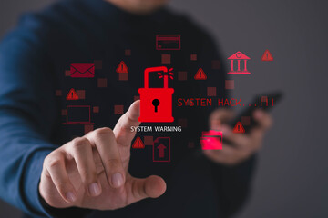 Cyber security system hack warning concept with broken digital lock icon. User facing cyber attack alerts, data breach risk, ransomware threat, and network security failure on futuristic interface. © Bordinthorn