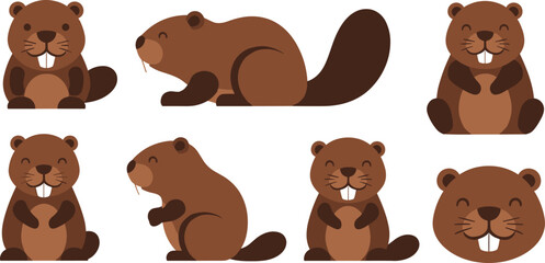 Cute Beaver Character Set with Funny Brown Rodent Mascots, Smiling Woodworking Animals in Different Poses, Vector Illustration. © munzuara