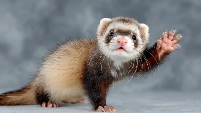 Cute ferret on grey background waves hello, showing pink paw and open mouth