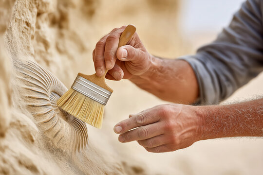 A person is brushing away dust from a fossil in a stone quarry, focusing on detailed textures and ancient forms in the process