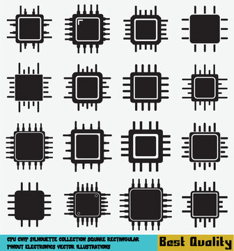 CPU chip silhouette collection square rectangular pinout electronics vector illustrations vector set best design