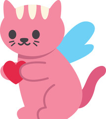 Naklejka premium Pink cupid cat illustration with blue wings holding a red heart for love concepts