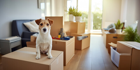 Naklejka na ściany i meble A dog comfortably sits atop a box in a room filled with various moving boxes and a cozy couch, all illuminated by the bright sunshine streaming in, as they settle into their new home