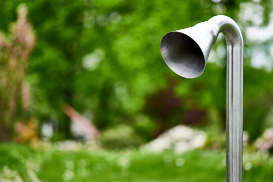 Metal outdoor sound installation speaker in a public park, Rybnik, Silesia, Poland, Europe.