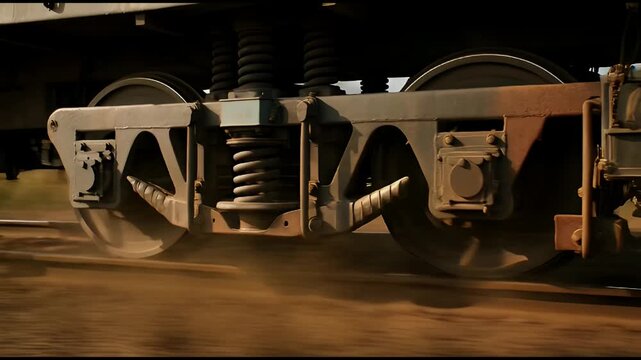 Close-up of locomotive train wheels and bogie moving on railroad tracks, showcasing industrial transportation and mechanical power