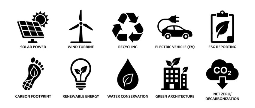 Sustainable energy and environmental icons set featuring solar power, wind turbines, recycling, and electric vehicles in a flat black vector illustration for corporate ESG reporting.