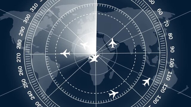 air traffic control tower equipped with radar Hud animation, Aircraft signal and guidance radar. Map of International Air Travel Aircraft signal and guidance radar. 