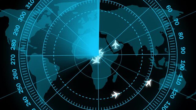 Aircraft signal and guidance radar on black background. Radar point to detect enemy position. Digital radar screen with targets on monitor in searching. Air search.