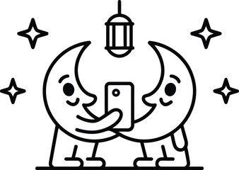 Crescent moon characters taking a selfie photo  smiling and happy