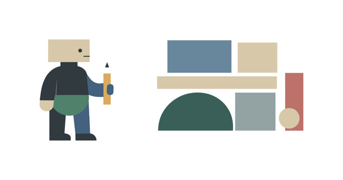 Calm abstract geometric figure stands beside final cohesive arrangement of previously scattered shapes in wide empty space,