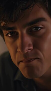 Vertical video: Tracking teen after offscreen cue, shifting gaze, jaw clenching in warm room, shirt