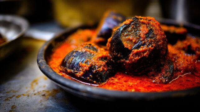 Close-up of spicy Balado Terong eggplant dish in savory red chili sauce