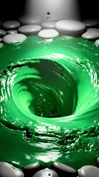 Vibrant green water vortex swirling downwards amidst smooth river stones creating a dynamic and refreshing spa-like visual for wellness concepts