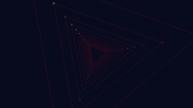 Abstract triangular tunnel with glowing lines and dots, futuristic tech background