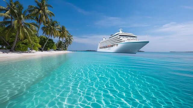 Luxury cruise ship anchored near tropical island with palm trees and crystal clear turquoise water under bright blue sky