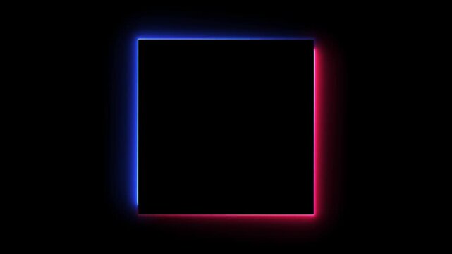 Square neon sign light effects bulk, Neon Light Glowing Square Frame blue and red 4k animation video, alpha channel. A blank monitor screen with a glowing neon sign border hangs on a black wall