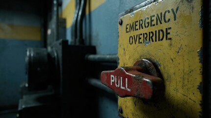 Close up of a weathered yellow emergency override switch with a red pull handle in an industrial facility.