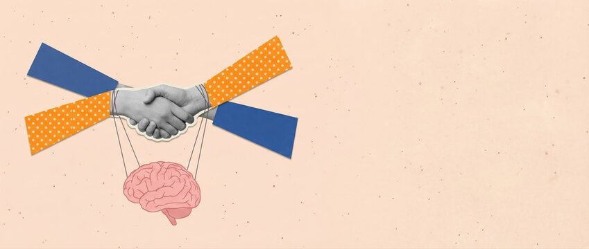 Conceptual collage illustration of a handshake controlling a brain representing psychological manipulation and influence.