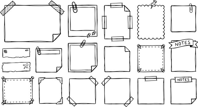 Assortment of blank square and rectangular sticky notes, memo pads, and paper scraps decorated with tape, paper clips, and thumbtacks for journaling.