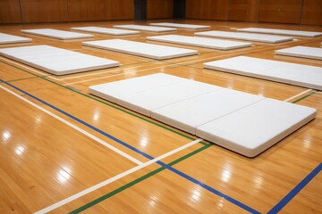 避難所やスポーツ施設として活用される体育館の床に整然と並べられた清潔な白いマット