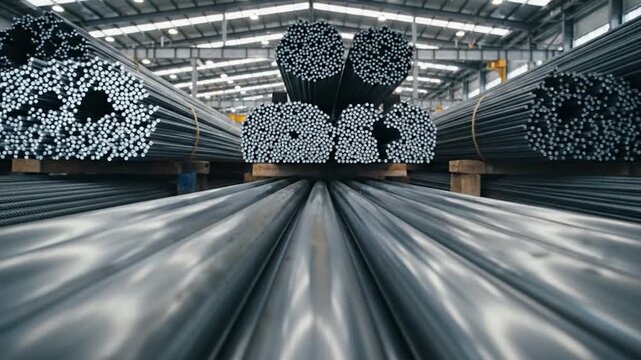 Large stacks of l pipes and rebar stored inside a spacious industrial warehouse
