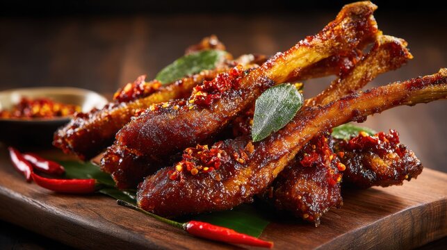Savory Javanese Bistik Beef Steak with Chili and Herbs on a Wooden Board