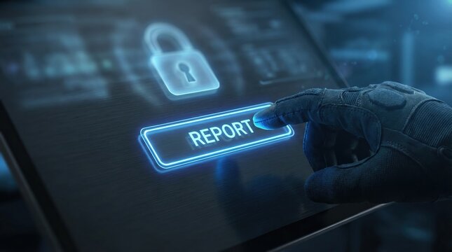 Gloved hand pressing a glowing report button on a digital tablet for cybersecurity incident management.
