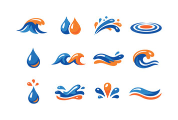 Naklejka premium Two-Color vector icons of water symbols: wave crest, droplet pair, splash arc, ripple ring; small drop, twin wave arcs, fluid