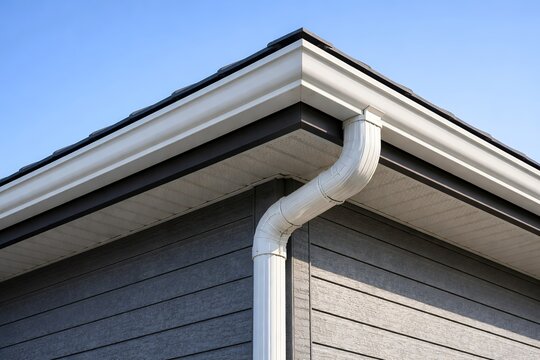 一戸建て住宅の屋根に設置された清潔感のある白い雨樋と外壁のサイディングのクローズアップ