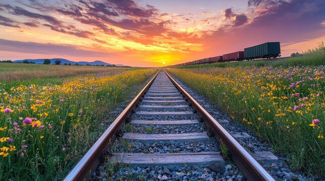 Railroad tracks at sunset landscape