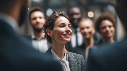 Obraz premium Confident woman leading a discussion, surrounded by engaged colleagues in a professional setting.