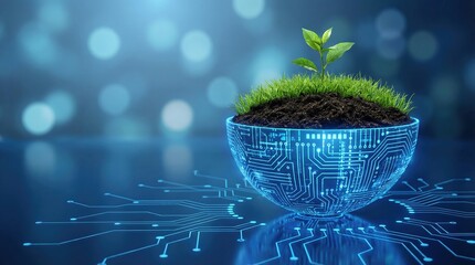 Naklejka premium Small green plant growing from a glowing digital circuit bowl representing sustainable technology and environmental innovation.