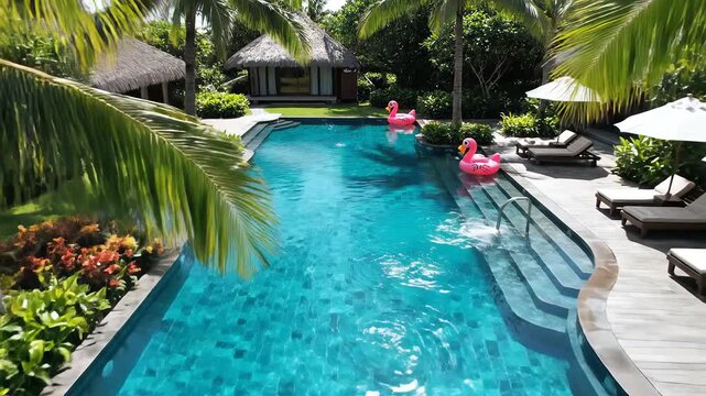 Luxurious tropical resort swimming pool with palm trees and pink flamingo inflatables on a sunny day.