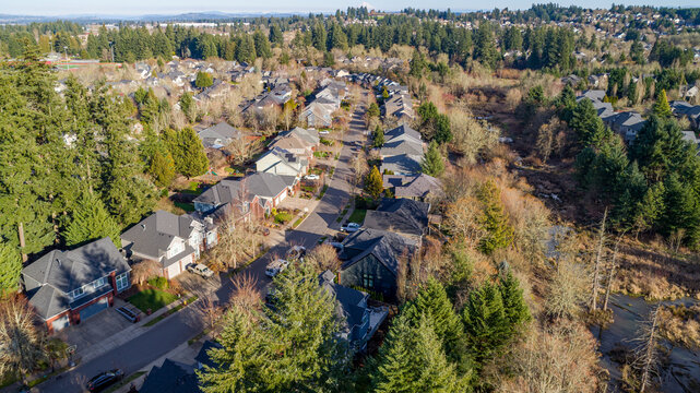 Aerial view of rooftops nestled among dense trees alongside Southwest Stellar Drive, Sherwood, Oregon, United States.