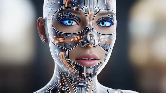 Futuristic Female Robot with Circuitry Details and Expressive Blue Eyes Technology Display