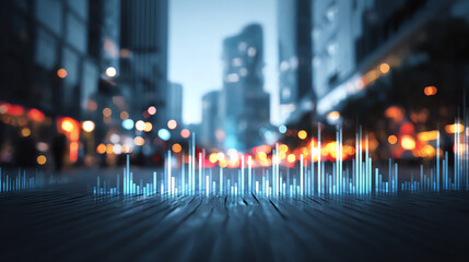 Fototapeta premium Visual representation of sound waves in a vibrant urban setting, blending technology with city life.